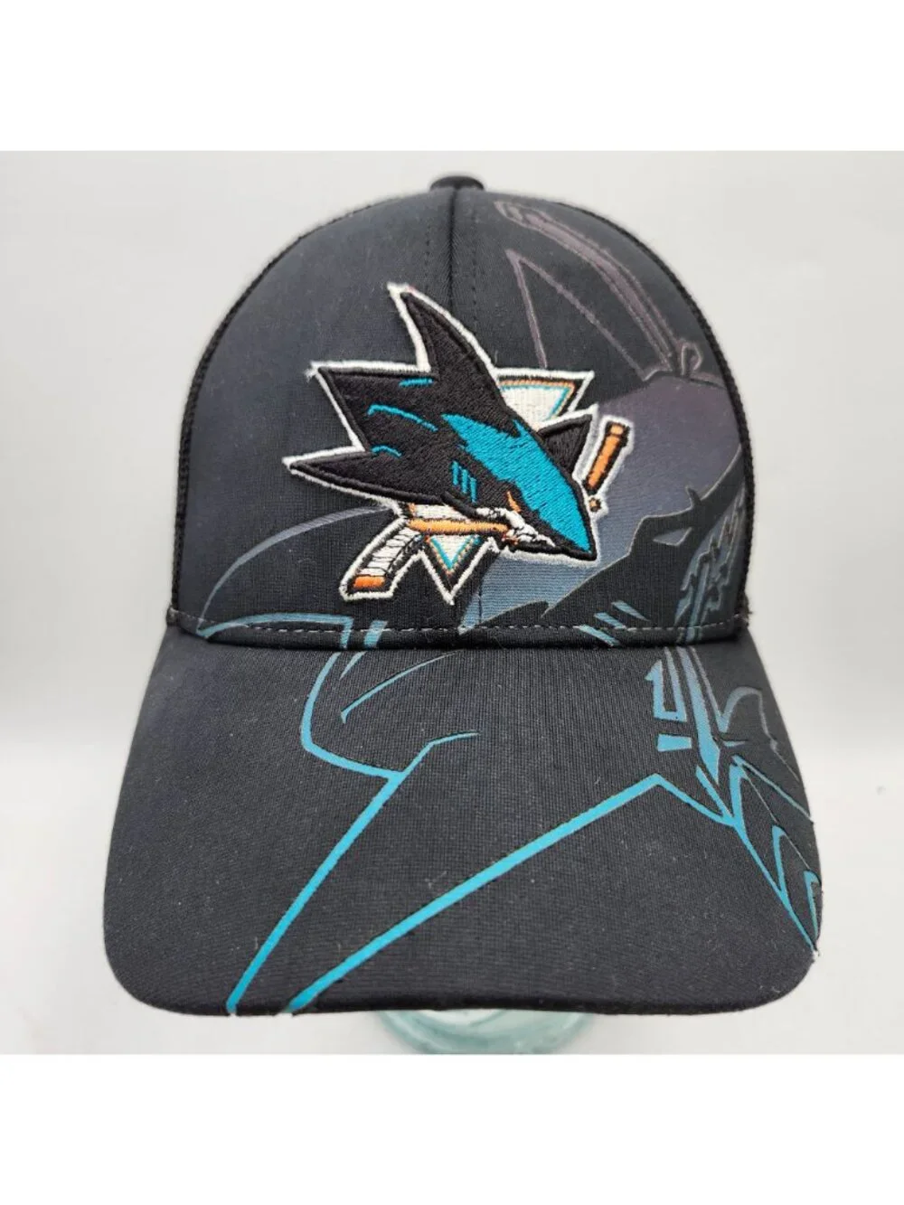 San Jose Sharks Reebok Black Teal Adjustable Mesh Back Trucker Hat